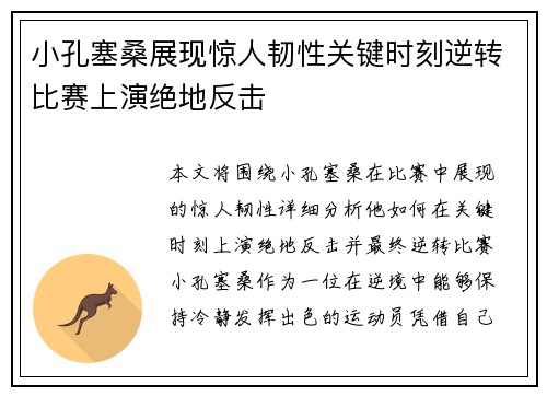 小孔塞桑展现惊人韧性关键时刻逆转比赛上演绝地反击