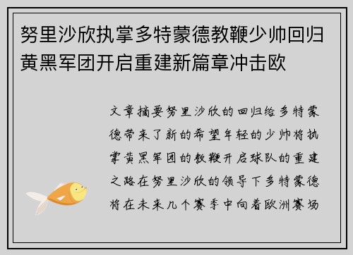 努里沙欣执掌多特蒙德教鞭少帅回归黄黑军团开启重建新篇章冲击欧